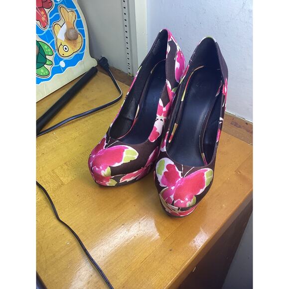 Elle Textile Floral Printed Pattern Heels Wedge Slip on Shoes - Picture 1 of 2